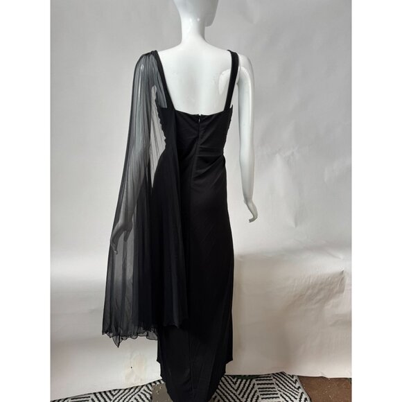 BCBG Max Azria Black Pleated Evening Gown With Sheer Asymmetrical Drape & Ruched - Picture 9 of 16